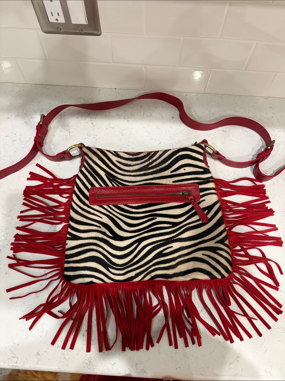 Vintage Made in Italy Innue Zebra Print Crossbody Bag with Red Fringe and Strap